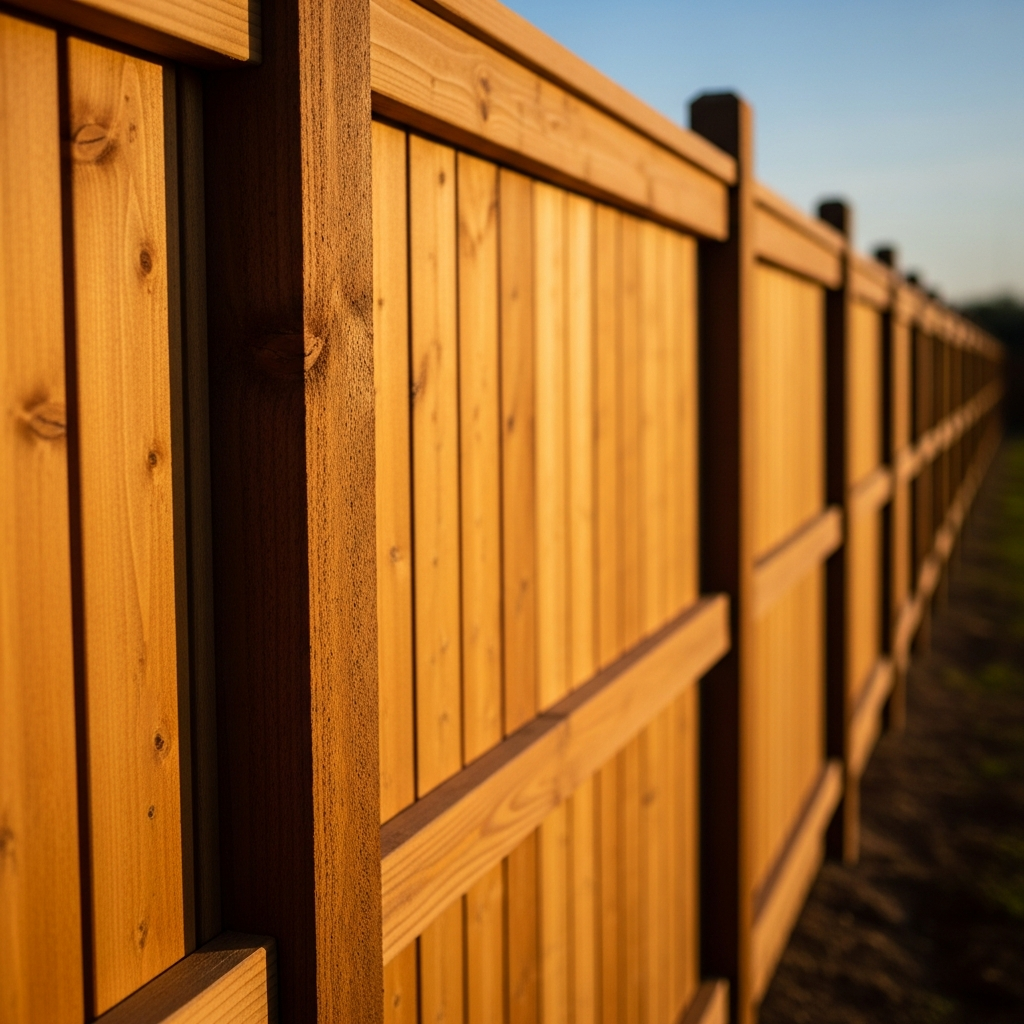 Amber stain cedar fence looking down the line