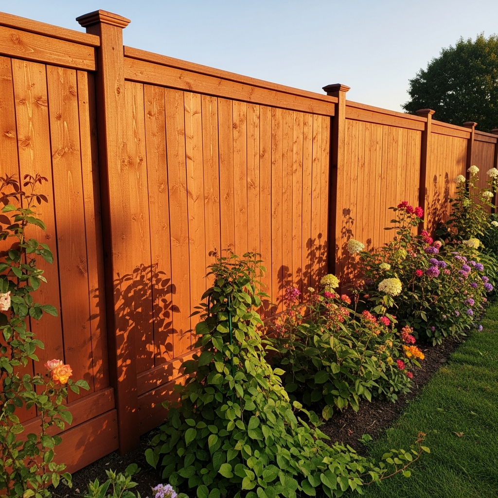 Redwood stain angled cedar fence